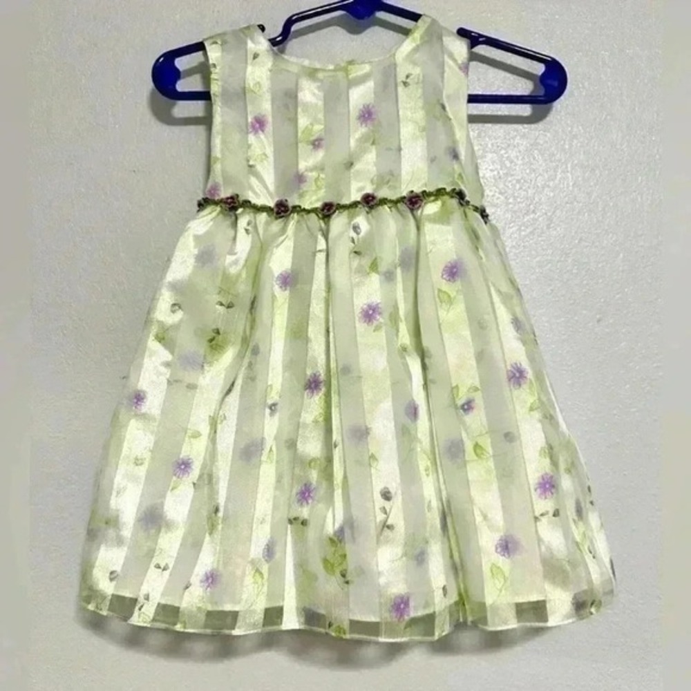 Unbranded Floral Stripe Dress Kids 12M Green‎ Purple Excellent Rosette Sash